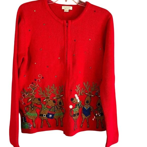 Christopher & Banks Dancing Reindeer Zip Front Cardigan Sweater Christmas Medium - Picture 1 of 8